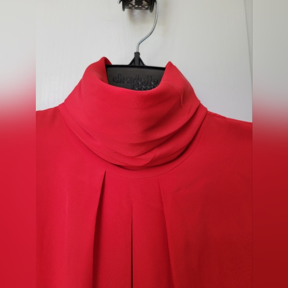 Vintage 80s Christian Dior Chemises Red Mock Neck Blouse Button Back Secretary 6 - Picture 4 of 7